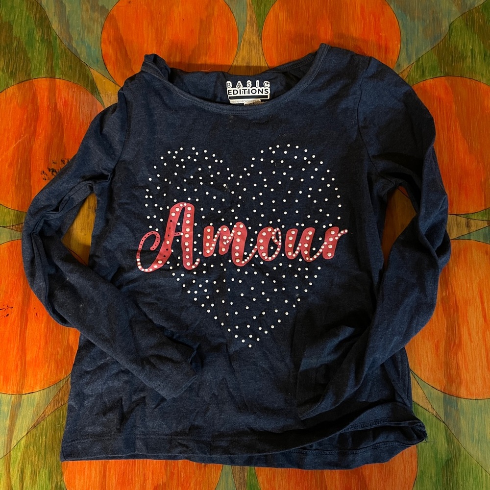 Basic Editions AMOUR Shirt Girls Size 6 6X Blue Heart.